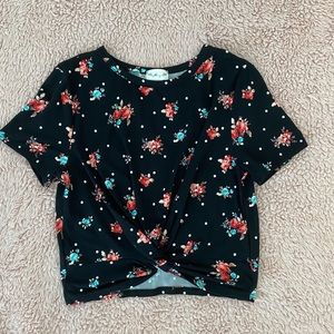 Black Floral Knotted Crop Top